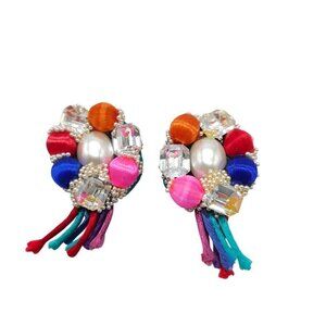 Vintage 1980s Multicolor Statement Earrings Beads Rhinestones Pearls Tassels
